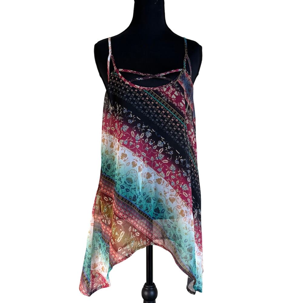 Maurices Tank Womens M Sheer Floral Boho Festival Asymmetric Strappy Flowing